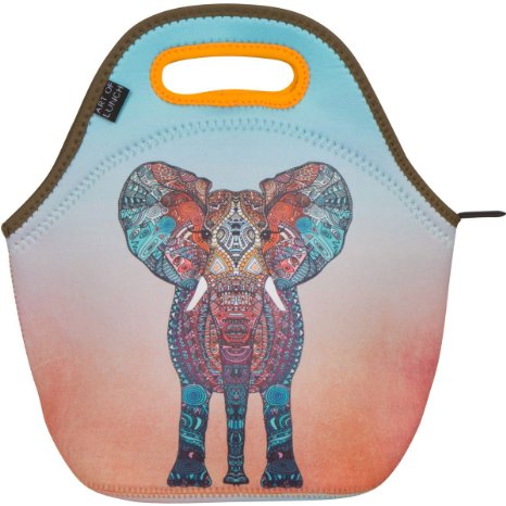 Neoprene Lunch Bag by ART OF LUNCH - Large [12" x 12" x 6.5"] Gourmet Insulated Lunch Tote - A Partnership with Artists Around the World - Design by Monika Strigel (Germany) - Elephant