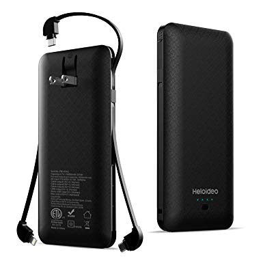 Heloideo 10000mAh Power Bank Slim Portable Charger External Battery Pack with AC Plug and Micro Type-c Cables for All Cellphone（Black）