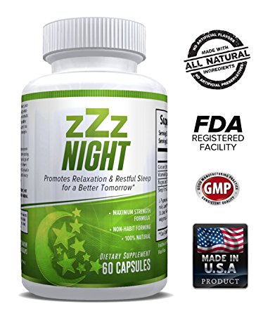 zZz Night Natural Sleep Aid - Non-Habit Sleeping Pills with Melatonin, Valerian, Chamomile & More - Promotes Relaxation & Restful Sleep for a Better Tomorrow - 60 Capsules - Money Back Guarantee