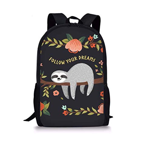 Nopersonality Kids Backpack for School Cute Funny Sloth Follow Your Dreams School Bag Pack for Girls Boys Bookbags Animal Print Floral Daypack