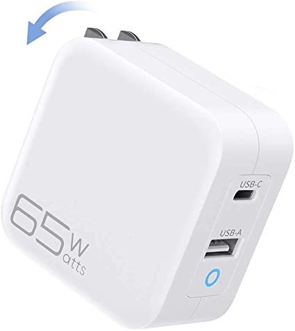 USB C Charger, JSAUX 65W PD 3.0 Charger [GaN Tech] Dual Port USB Wall Charger Adapter with Foldable Compitible with MacBook Pro/Air, iPad Pro, iPhone 11 Pro Max X XS XR 8 and More