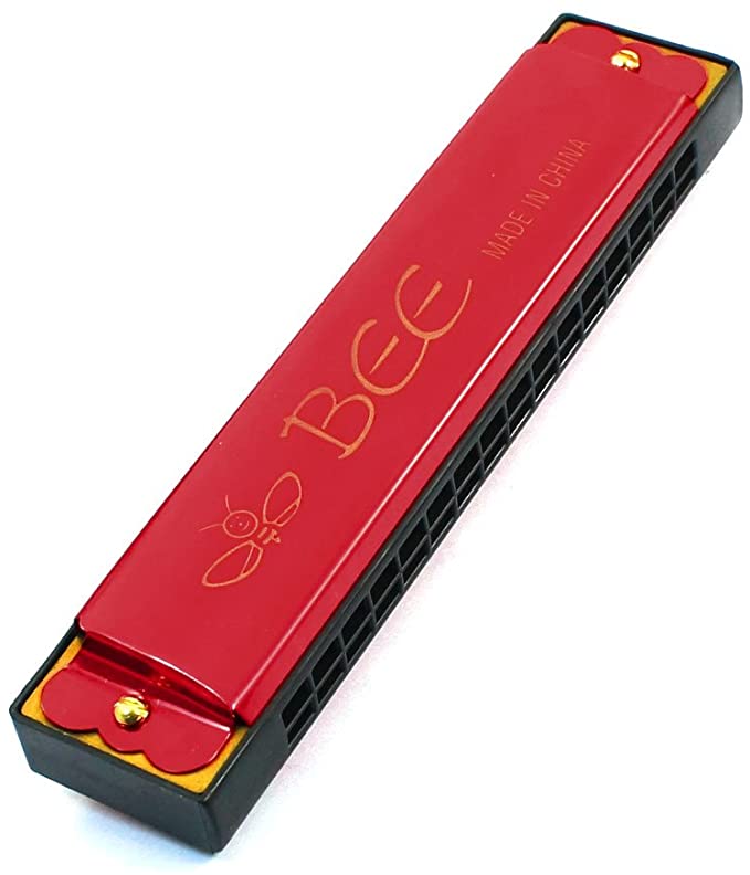 uxcell Bee Print 16 Holes Harmonica Mouth Organ Red