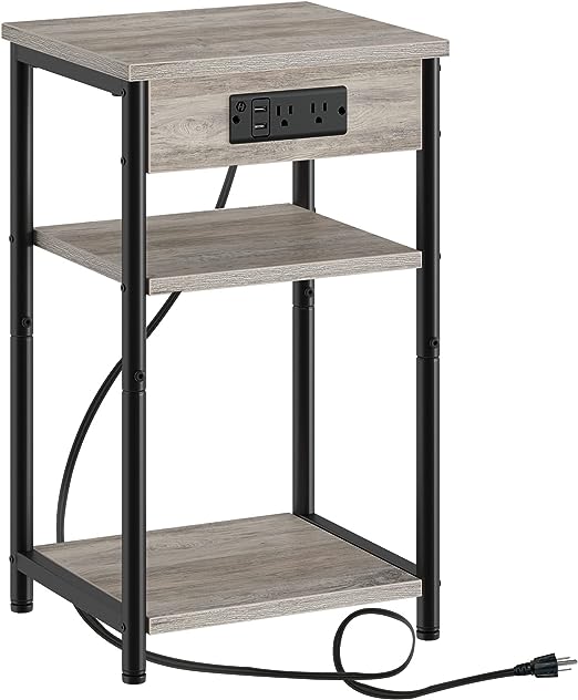 Rolanstar End Table with Charging Station, 3 Tier Slim Nightstand with Storage Shelf, Narrow Side Table with USB Ports & Power Outlets, Steel Frame for Living Room, Bedroom, Greige