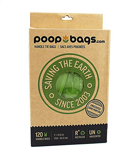 PoopBags Recycled 7x13 Dog Waste Bags with Handle Ties- 120 Count- Doggie Poop Bags, Eco on a Roll