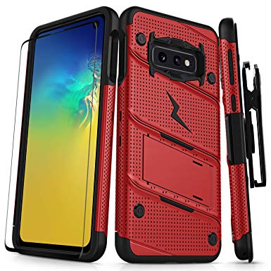 ZIZO Bolt Galaxy S10e Case Heavy-Duty Military Grade Drop Tested Bundle with Tempered Glass Screen Protector Holster and Kickstand Red Black