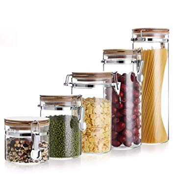 Food Canister Jar, Rerii 24oz High Borosilicate Glass Cylinder Dry Food Storage Container, Cereal Container, Airtight Canister Jar with Bamboo Lid & Silicone Sealing Ring