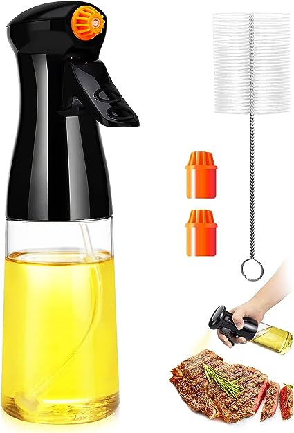 Oil Sprayer for Cooking, 210ml Olive Oil Sprayer Bottle with Brush and Rotatable 2 Nozzles, Food Grade Oil Mister Oil Dispensing Spritzer for Air Fryer, BBQ, Baking, Salad - Black