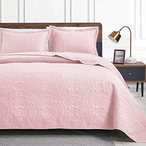 Love's cabin King Size Quilt Set Pink Bedspreads - Soft Bed Summer Quilt Lightweight Microfiber Bedspread- Modern Style Coin Pattern Coverlet for All Season - 3 Piece (1 Quilt, 2 Pillow Shams)