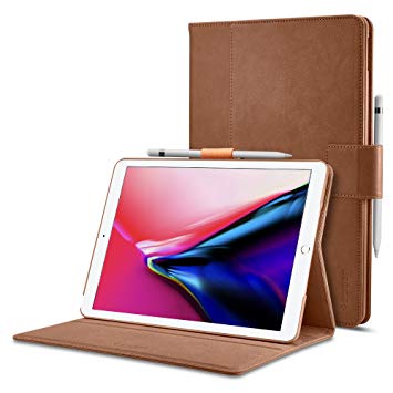 Spigen Stand Folio iPad Pro 12.9 Case, iPad Pro 12.9 2017 Case with Multi-Functional Premium Leather Stand with Pocket Hand strap Pencil Holder with Auto Sleep and Wake Function for Apple iPad Pro 12.9 Inch 2017 - Brown