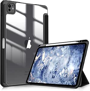 Fintie Hybrid Slim Case for iPad Pro 11-inch M4 (2024) (Model Number: A2836/A2837/A3006) - [Built-in Pencil Holder] Shockproof Protective Cover with Clear Transparent Back Shell, Black