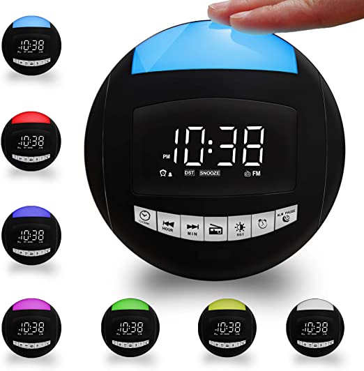 Bedroom Alarm Clock with FM Radio, 7-Color Night Light, 3 Natural Alarm Sounds, Sleep Timer, 2 USB Charging Ports, 12/24 H,Battery Operated/Plug in Digital LED Clock for Kids, Kitchen,Nightstand
