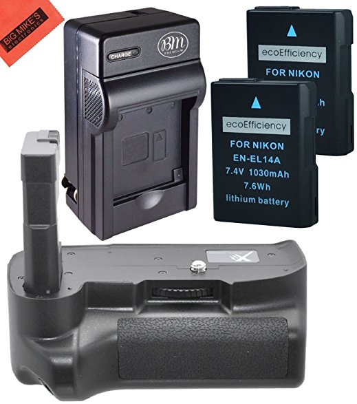 Battery Grip Kit for Nikon D3400 Digital SLR Camera - Includes Replacement BG-N12 Battery Grip   Qty 2 ecoEfficiency EN-EL14a Batteries  Rapid AC/DC Battery Charger