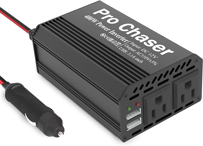 Pro Chaser 400W Power Inverter - 12V DC to 110V AC Car Truck RV Inverter 6.2A Dual USB Charging Ports for Road Trips (Black)