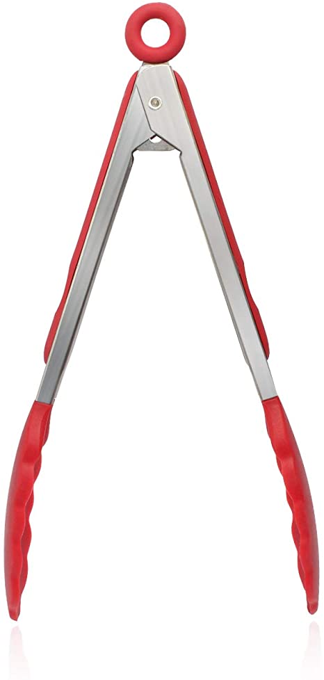 Silicone Kitchen Tongs, Serving Tongs for cooking, High Heat Resistant to 480°F, Stainless Steel Metal Food Tongs with Non-Stick Silicone Tips (9 inch, Red)