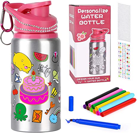 Poscoverge Color Your Own Water Bottle for Girls with Glittering Rhinestone Gem Stickers and Watercolor pens! BPA Free 20 oz Kids Water Bottle for Girl, Fun DIY Art and Craft, Birthday Gift for Kids