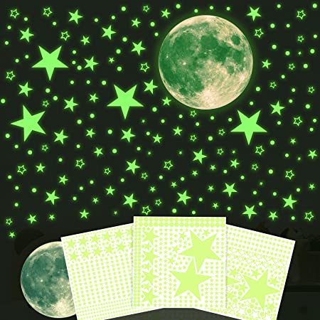 Glow in The Dark Stars Wall Stickers - 1028Pcs Fluorescent Stars for Ceiling & 11 Inch Glow in The Dark Moon Decal, Removable Luminous Kids Wall Decal for Bedroom, Best Gift for Birthday, Children's Day