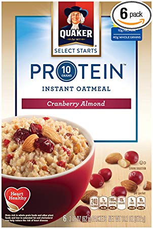 Quaker Instant Oatmeal, Select Starts, Protein, Cranberry Almond, Breakfast Cereal, 6 Packets Per Box (Pack of 6 Boxes)