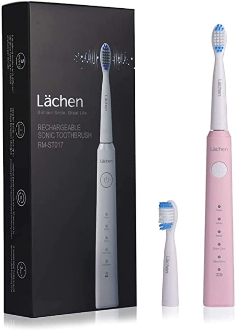 Lächen Electric Toothbrush for Adults, Rechargeable Electronic Sonic Toothbrushes with 5 Modes, IPX7 Waterproof, USB Fast Charging (Pink)