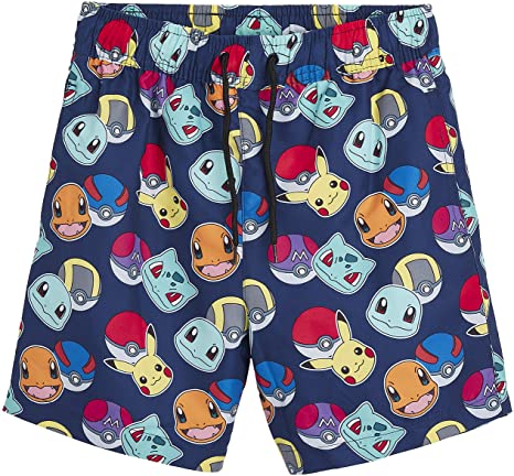 Pokemon Shorts, Navy Swim Shorts for Boys with Pikachu and Pokeballs, Kids Clothes in Size 5 to 14 Years, Boys Swimming Trunks, Fun Holiday Beach Wear