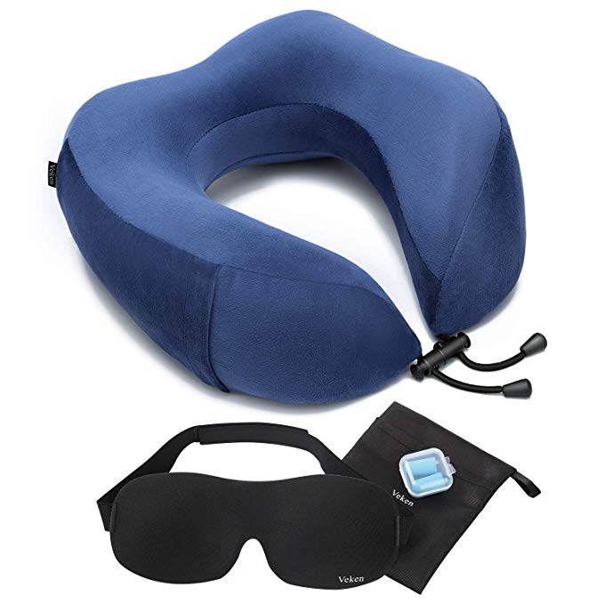 Veken Travel Pillow for Airplane Train Car, Memory Foam Foldable U Shaped Chin Neck Support Pillow, Travel Kit with Sleeping Mask and Earplugs