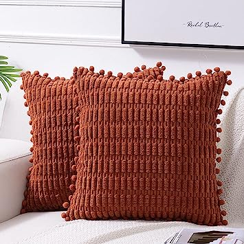 Fancy Homi 2 Packs Rust Decorative Throw Pillow Covers 20x20 Inch with Pom-poms for Couch Bed Living Room, Terracotta Farmhouse Boho Home Decor, Soft Corduroy Cute Square Cushion Case 50x50 cm