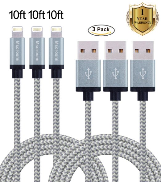 Mscrosmi 3 Pack 10 FT Extra Long Nylon Braided Lightning to USB Sync Charge Cable Cord with Aluminum Connector for iPhone 6s/6s Plus/6/6Plus/5s/5c/5, iPad/iPod Models (gray)