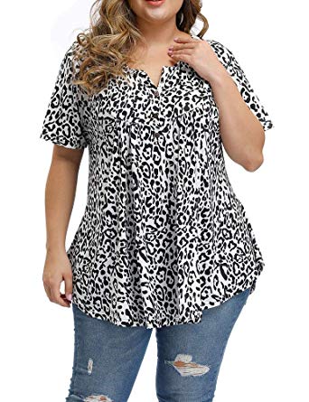 Allegrace Women's Plus Size Floral Blouses Henley V Neck Button Up Tunic Tops Ruffle Flowy Short Sleeve T Shirts