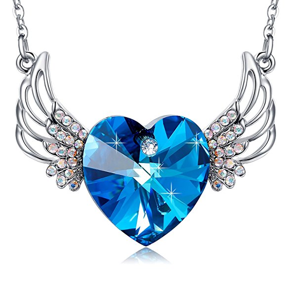 MEGA CREATIVE JEWELRY Angel Wings Blue Heart Swarovski Crystal Elements Pendant Necklace Fashion Women's Jewelry