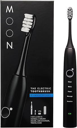 Moon Sonic Electric Toothbrush for Adults, 5 Smart Modes to Clean, Whiten, Massage and Polish Teeth, Rechargeable with Travel Case and 2 Toothbrush Heads, Black