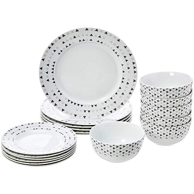 AmazonBasics 18-Piece Dinnerware Set - Triangle Accent, Service for 6