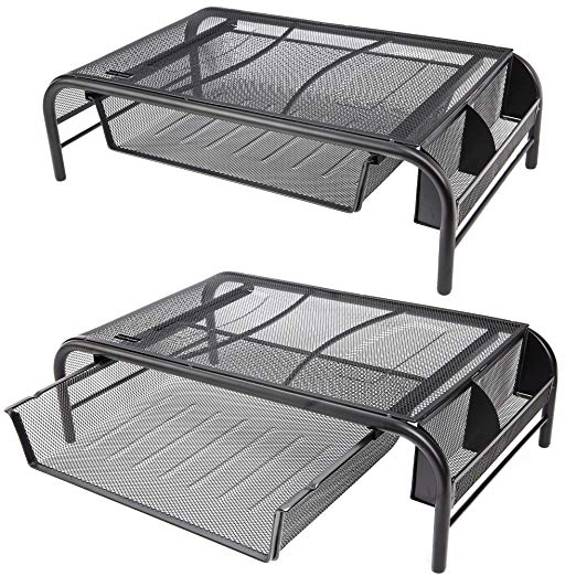 Luxury Office Dual Metal Mesh Monitor Stand – Pull Out Drawer, 2 Side Storage Compartments, Non-Skid Rubber Feet - Computer Screen Riser and Desk Organizer (2 Pack)