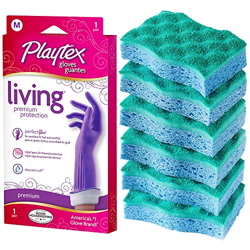 Playtex Living Reusable Rubber Gloves, Medium (1 Pair) and O-Cedar Multi-Use Scrunge Scrub Sponge (6 Count)