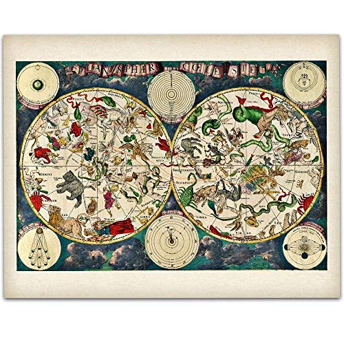 Planisphere Celeste Map - Zodiacs of the Night Sky -11x14 Unframed Art Print - Great Vintage Home Decor Under $15