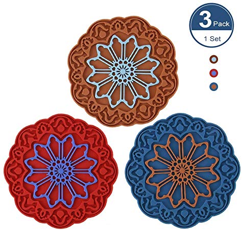 Silicone Trivet Mat Set for Hot Dishes, DATYSON Multi-Use Hot Pads Kitchen Trivets for Hot Pan and Pot Holder with Flower Carving, Heat Resistant, 7 Inch Extra Thick Round Counter Mats, 3 Pack 2