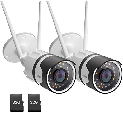 ZOSI 2pack C190 H.265  1080P Wireless Outdoor Security Camera with 32GB SD Card, Two-Way Audio, IP67 Waterproof, 80ft Color Night Vision, AI Human Detection, Moiton Alert, Smart Light & Sound Alarm