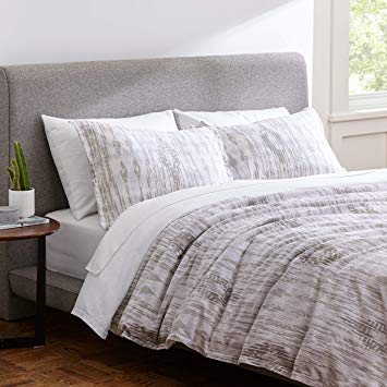 Rivet Modern Ikat Duvet Comforter Cover Bedding Set, 100% Cotton, Easy Care, Full / Queen, Grey