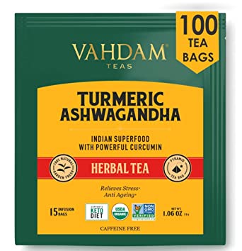 VAHDAM, Turmeric   Ashwagandha SUPERFOOD Herbal Tea, 100 Count | India's Ancient Blend of Turmeric & Garden Fresh Spices | Turmeric Tea Bags | Herbal Tea Bags | Detox Tea | Herbal Tea | Immune Support