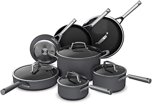 Ninja C39800 Foodi NeverStick Premium Hard-Anodized 12-Piece Cookware Set, nonstick, durable, oven safe to 500°F, slate grey