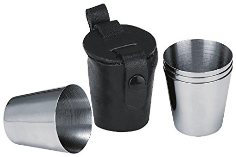 Visol Stainless Steel Shot Cups with Leather Carrying Case, 1-Ounce, Chrome, Set of 4
