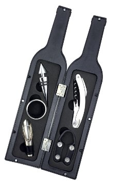 KOVOT 5-Piece Wine Bottle Tools Includes Wine Pourer Stopper Foil Cutter Drip Ring and Corkscrew Opener Bottle Shaped Carry Case Perfect Hostess Gift
