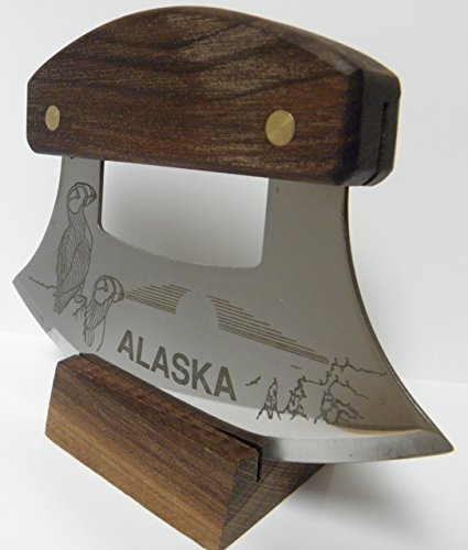 Alaskan Inupiat Style Walnut Ulu Knife with "Puffin Sunset" Etched Blade & Display Stand