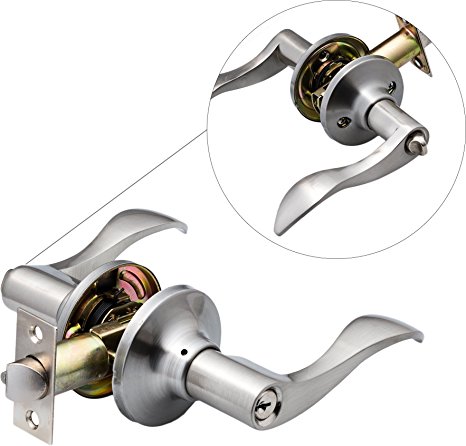 Berlin Modisch Entrance Lever door handle [Lock with Two keys] for office or front door with a Satin Nickel Finish, Reversible for Right & Left side, with a door bumper wall protector