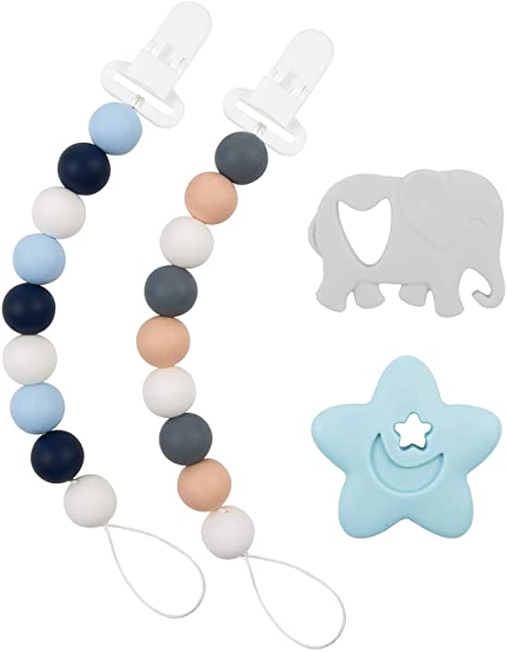 Babygoal Silicone Pacifier Clip for Boys, 2 Pack Teething Beads with Teething Toys fits Most Pacifier Styles, Soothie and Baby Shower Gift 2GJL05-YJ-CA