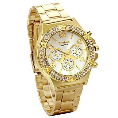 JewelryWe Luxury Women Men Unisex Bling Gold Tone Stainless Steel Band Quartz Wrist Watch