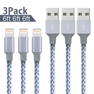 Lightning Cable,AOFU Charger Cables 3Pack 6FT to USB Syncing and Charging Cable Data Nylon Braided Cord Charger for iPhone X/8/8 Plus/7/7 Plus/6/6 Plus/6s/6s Plus/5/5s/5c/SE and more-Gray White