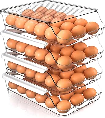 Utopia Kitchen Rolling Egg Container for Refrigerator with Lid - Stackable Plastic Egg Holder for Refrigerator - Egg Tray for Refrigerator or Fridge Organizer – Pack of 4 Clear