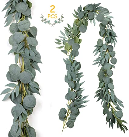 Outgeek 6.5 Feet Artificial Silver Dollar Eucalyptus Leaves Garland 2 Packs Artificial Eucalyptus and Willow Vines Greenery Garland for Wedding Party Home Decoration Indoor Outdoor