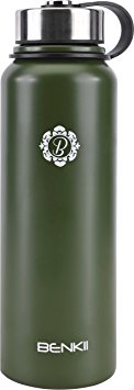 Benkii Vacuum Insulated Stainless Steel Water Bottle - 37oz / 1100 ml Wide Mouth Coffee Tea Thermos Double Walled Flask - Best Sports Hydro Canteen