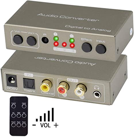 Digital to Analog Converter,Musou Toslink Coaxial Optical Audio Input to RCA R/L and AUX 3.5mm Jack Output Simultaneously with 3 Audio Modes Support IR Remote Volume Control