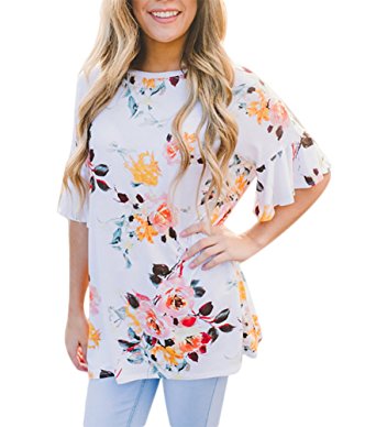 Luluka Women's Short Sleeve Floral Print Tunic Tops Tee T Shirt Short Blouse